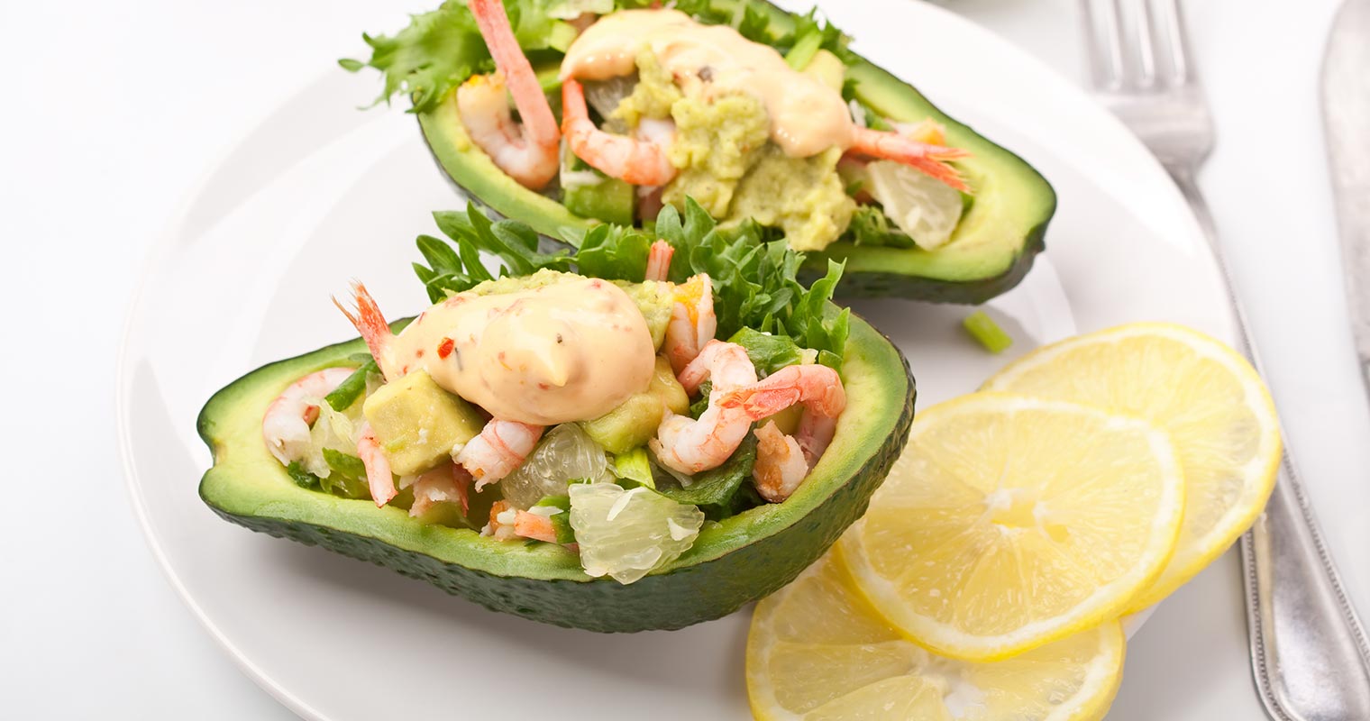 avocados and shrimps are good sources of dietary vitamin E for antioxidant effect and smoother skin