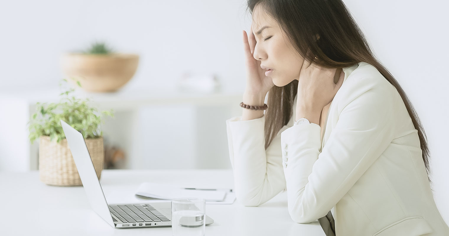 Stressed asian businesswoman having headache at work concept, frustrated dizzy chinese woman touching temple tired of aching head or chronic fatigue in office, korean employee feels strong migraine
